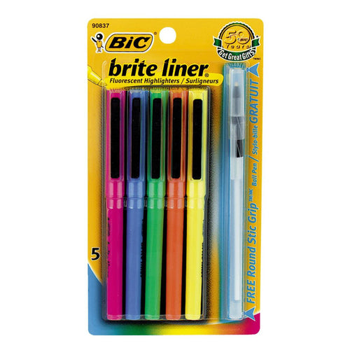 Bic Brite Liner Chisel Tip Highlighter Assortment (5-Pack) with free Ball Pen